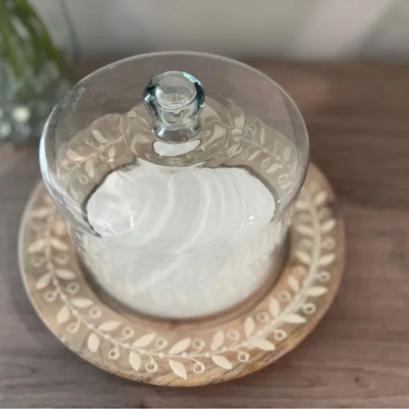 One of a Kind Glass Cloche Serving Tray with Wooden Base and Ceramic Plate - Picture 2 of 8